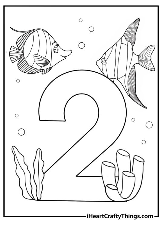 Number 2 with underwater sea animals coloring page