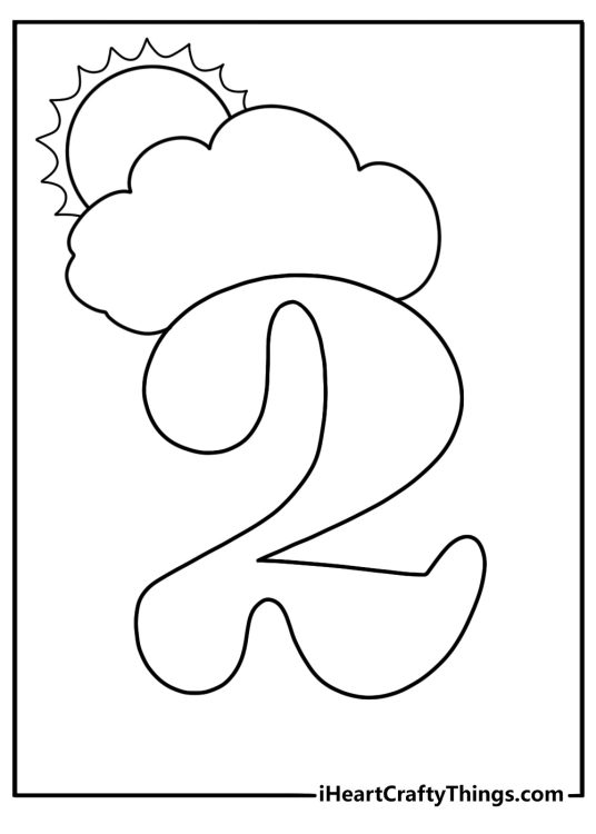 Number 2 with weather icons like sun and cloud coloring page