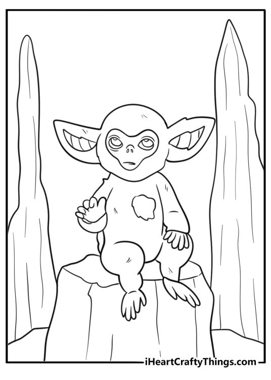 Ochi sitting by ancient stone ruins coloring page