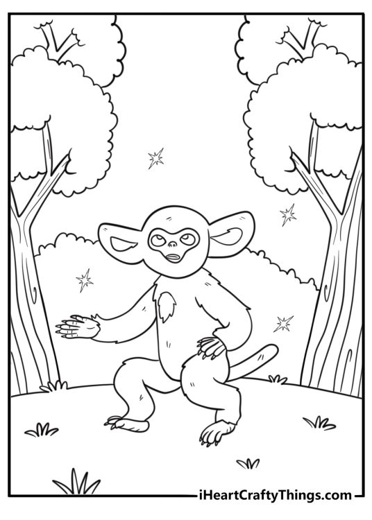 Ochi walking through a misty forest coloring page