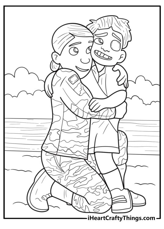 Olga and real Elio reuniting on the beach during sunset coloring sheet