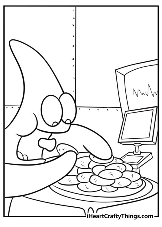 Patrick eating potatoes inside the engine room printable coloring sheet
