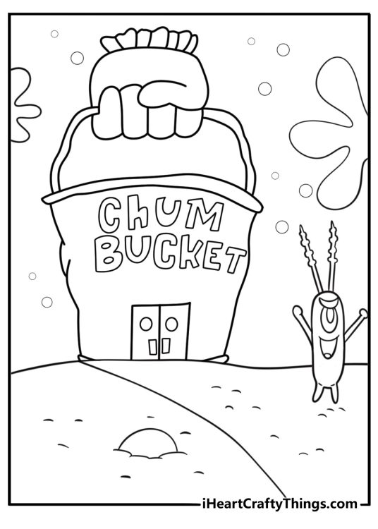 Plankton in front of the Chum Bucket coloring page for kids