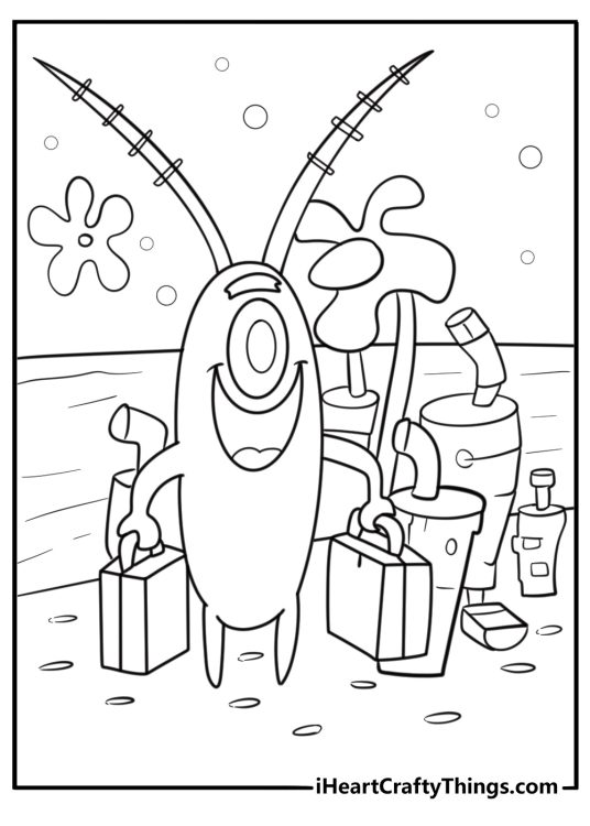 Plankton returning to Bikini State University detailed coloring sheet