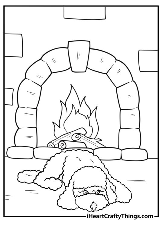 Poodle lying on a rug near the fireplace coloring sheet