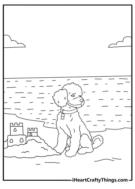 poodle on a sandy beach near a sandcastle easy coloring sheet