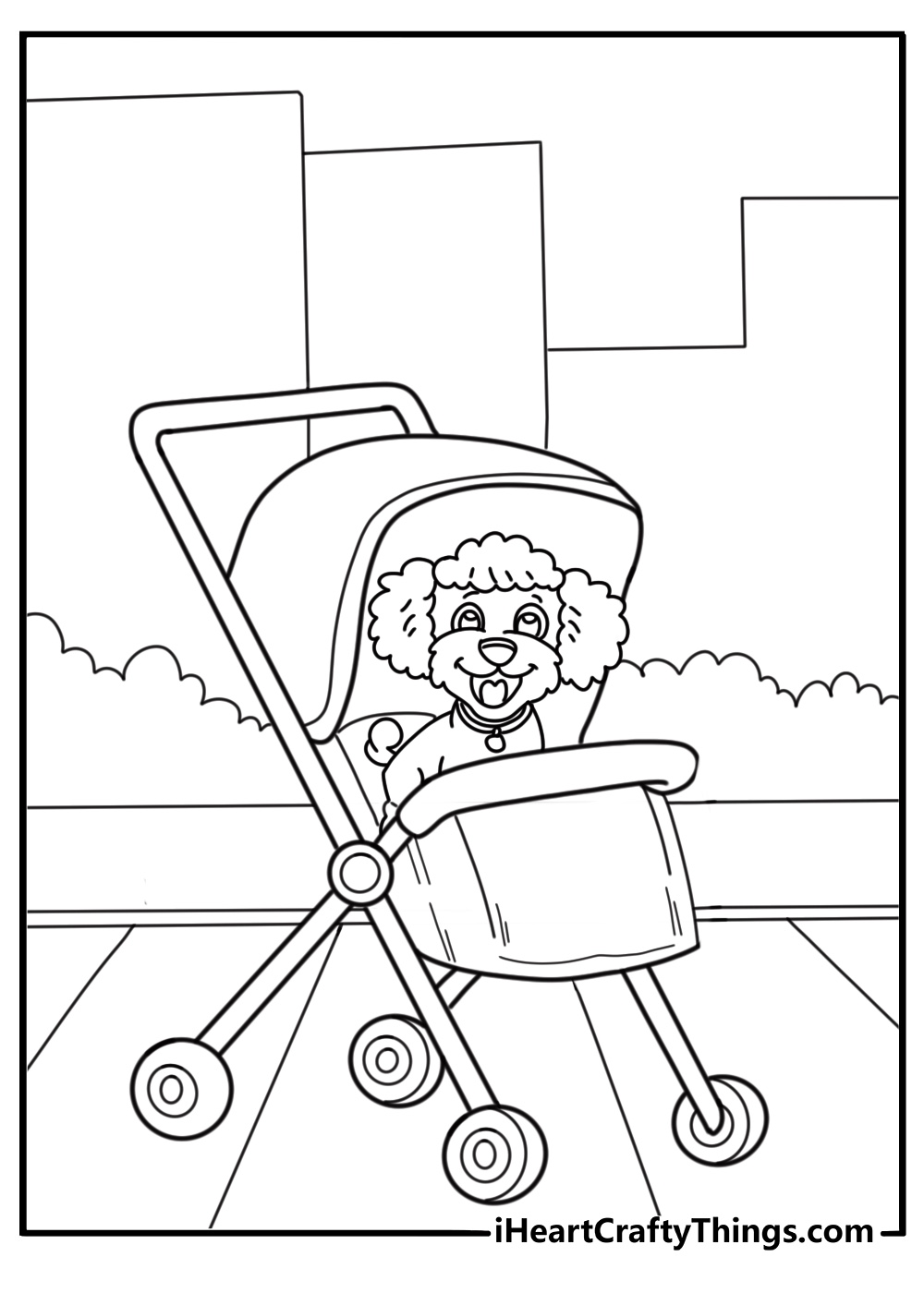 poodle riding in a dog stroller through the city coloring sheet