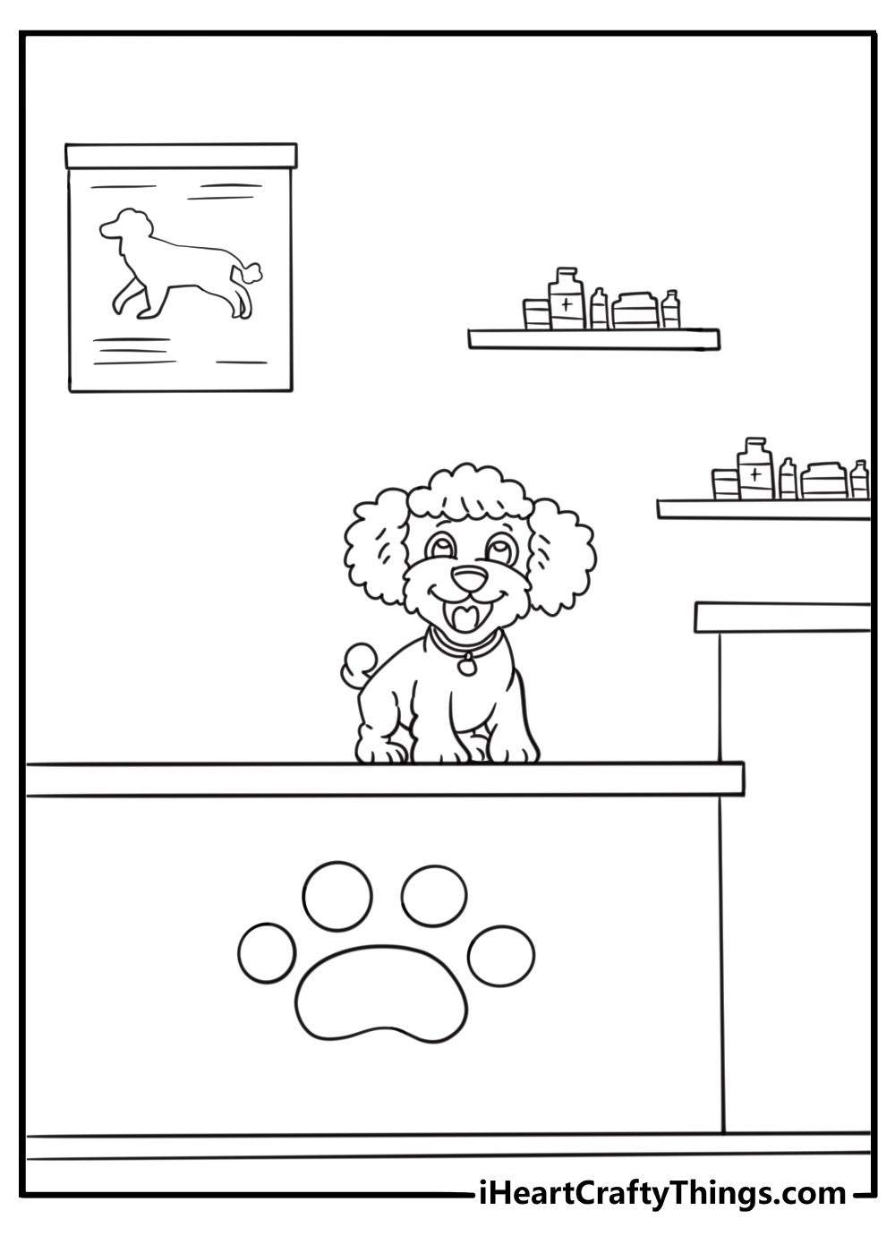poodle waiting at the vet office with a calm face coloring page