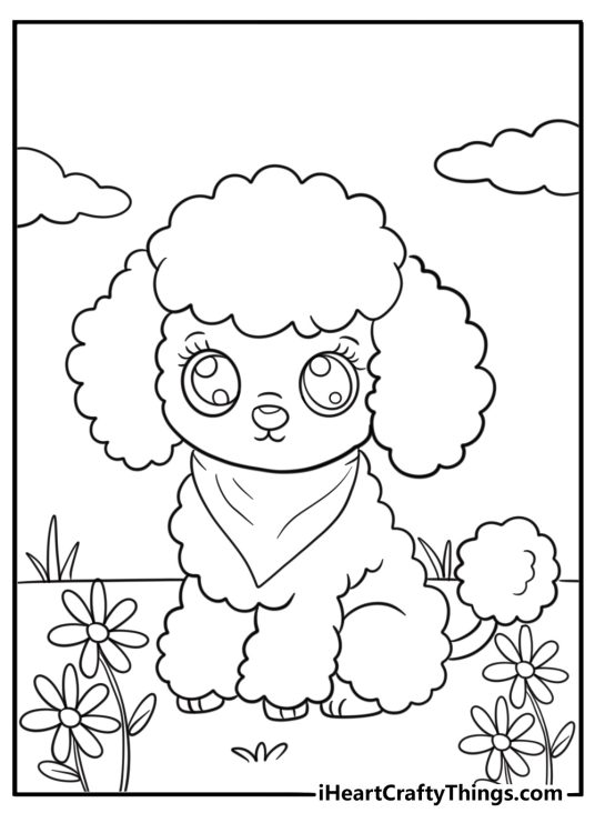 Poodle with a bandana around its neck in a garden coloring page