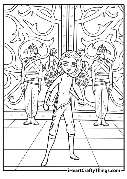 Princess ellian standing in front of the royal castle coloring page