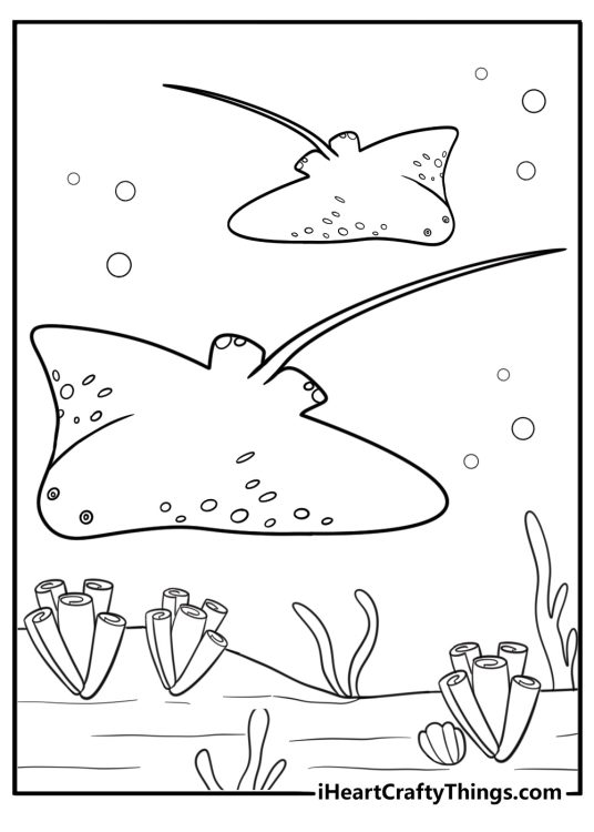 Realistic stingray gliding along ocean floor coloring sheet