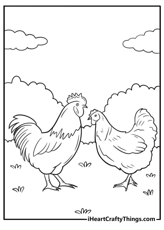 Rooster and hen facing each other coloring page