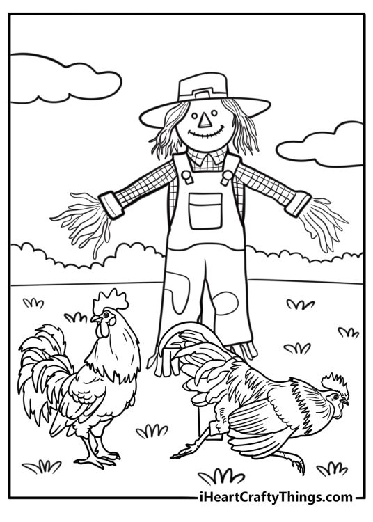 Rooster beside a scarecrow in the field coloring page