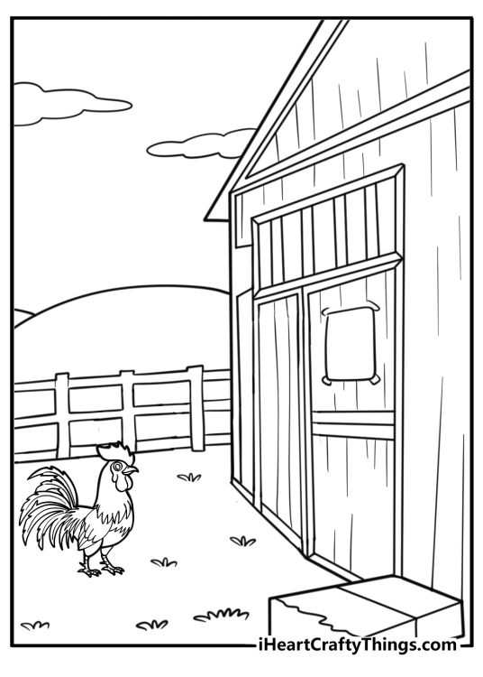 Rooster beside a wooden barn door coloring page