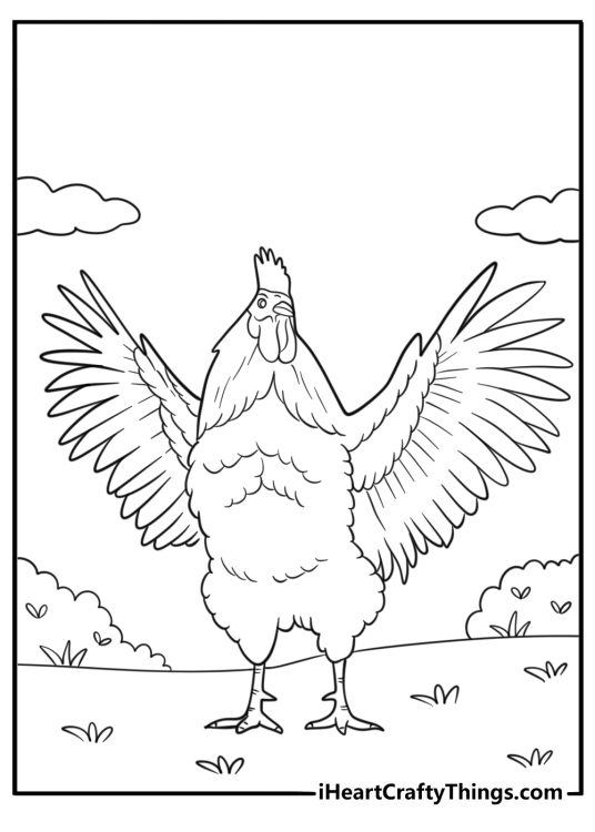 Rooster flapping its wings near a coop coloring page