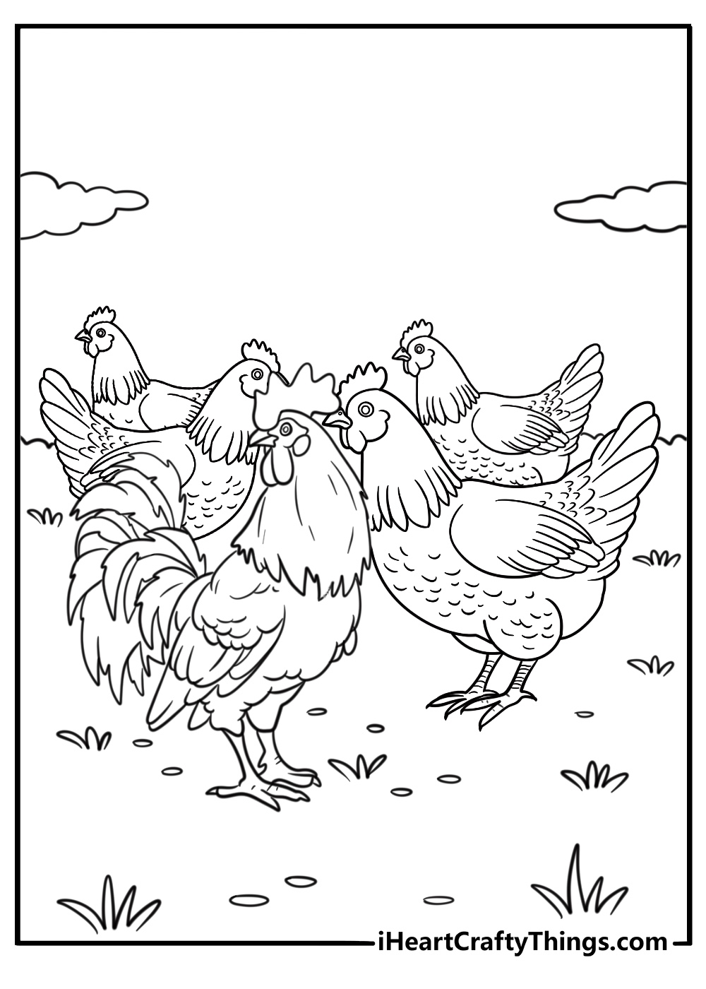rooster leading a group of chickens coloring page