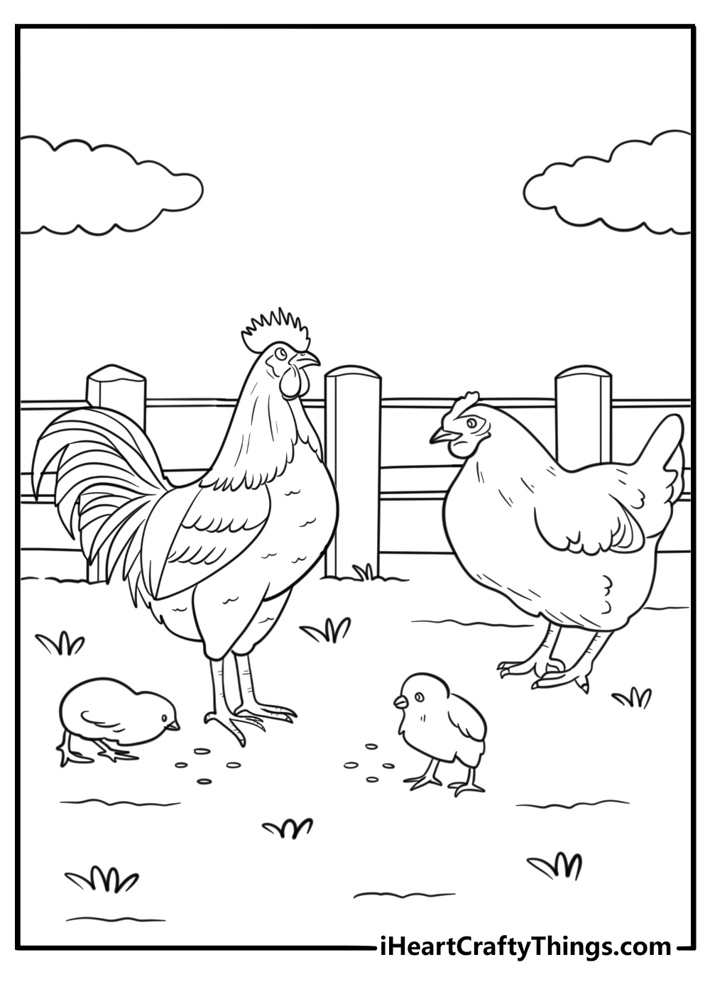 rooster next to a hen and chicks coloring page