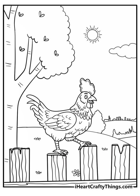Rooster under a tree in the countryside coloring page
