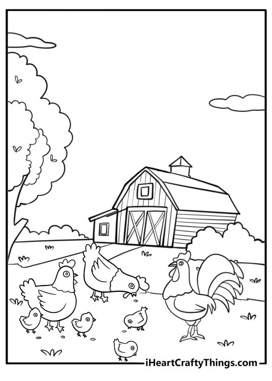 Rooster walking in a barnyard coloring page