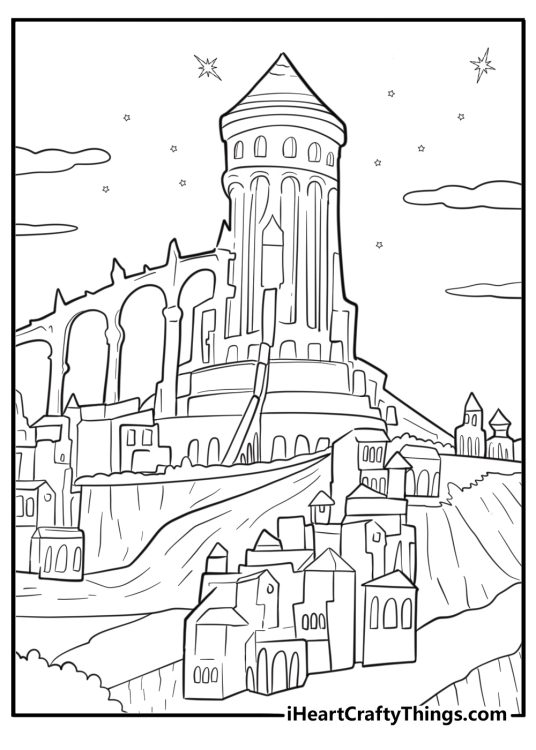 Rosas village under starlight detailed scene coloring sheet