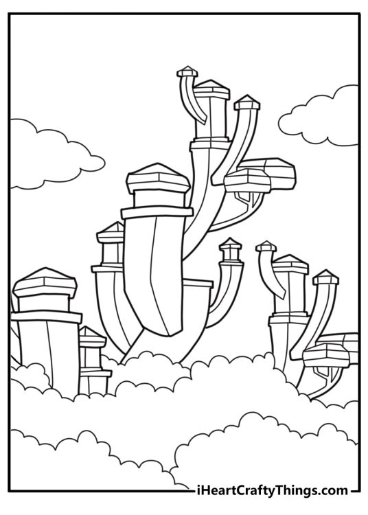 Royal castle floating above the clouds with enchanted light coloring page