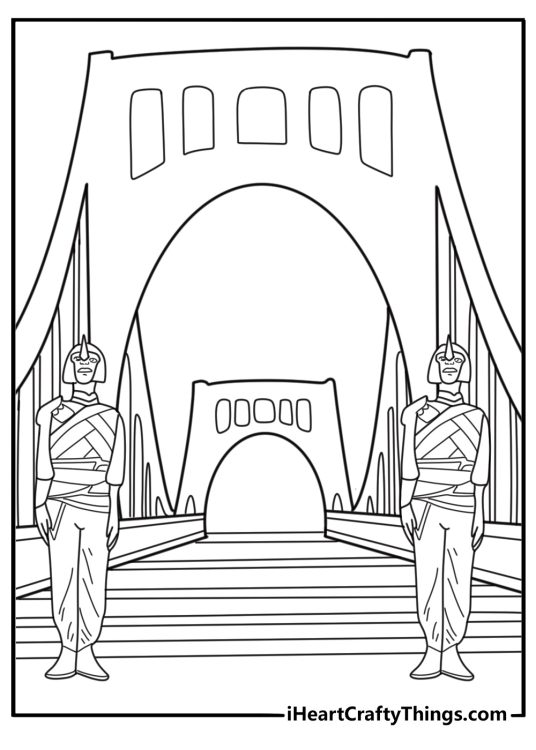 Royal guards protecting the bridge to the hidden castle coloring page