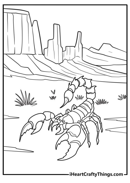 Scorpion surrounded by desert plants free coloring page pdf