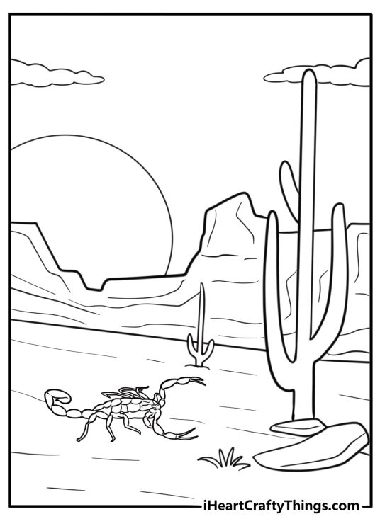 Scorpion walking across the desert floor free coloring page pdf