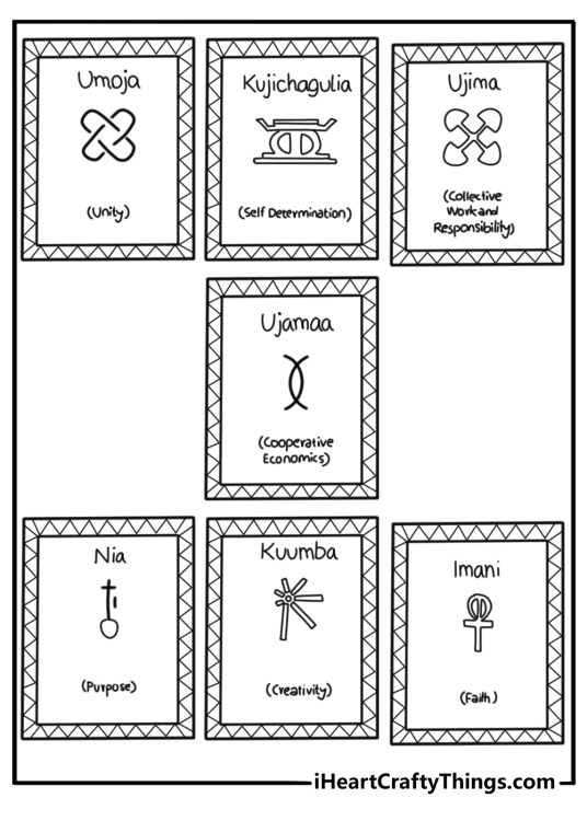 Seven kwanzaa principles written on signs coloring sheet