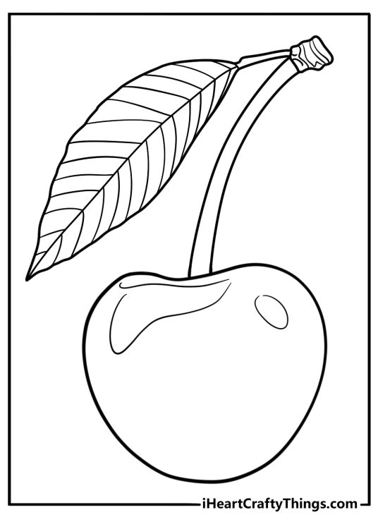 Single cherry with leaf coloring page for children