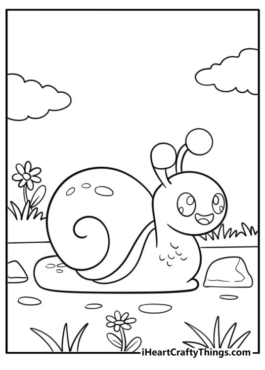 Snail crossing a garden path printable coloring sheet
