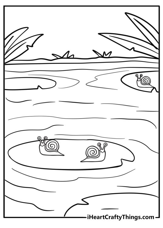 Snail near a pond with lily pads coloring page