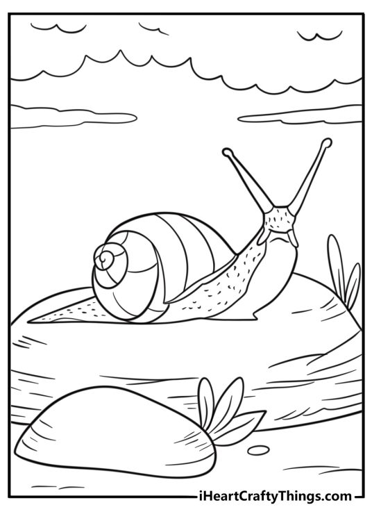 Snail under cloudy sky before rain printable coloring sheet