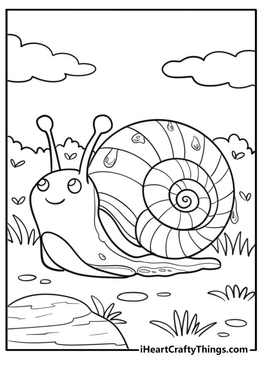 Snail with raindrops on its shell free coloring page pdf