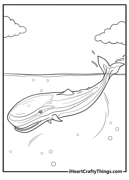 Sperm whale diving deep underwater coloring page