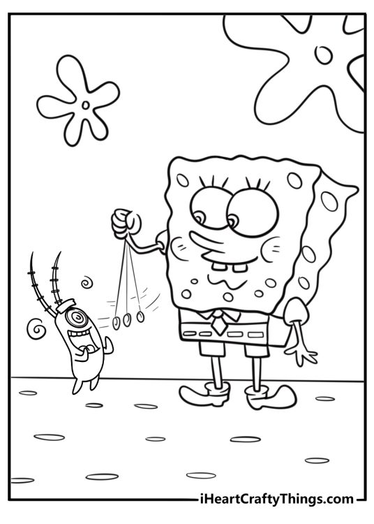 SpongeBob using hypnotism gear on Plankton coloring page for kids