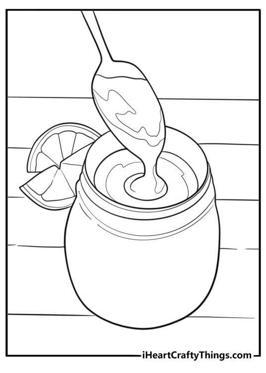 Spoon with lemon curd next to a jar coloring page