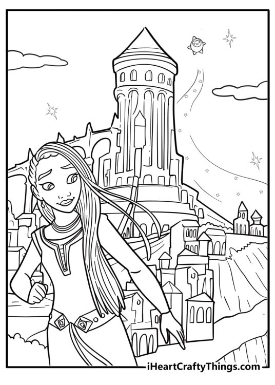 Star flying over the city of Rosas detailed coloring sheet