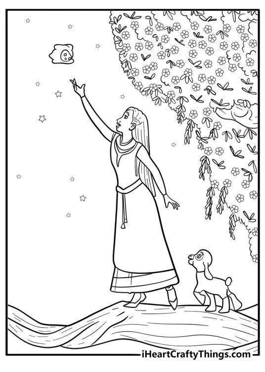 Star leading Asha through a secret path detailed coloring sheet