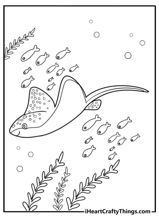 Stingray moving gently through reef tunnel coloring page