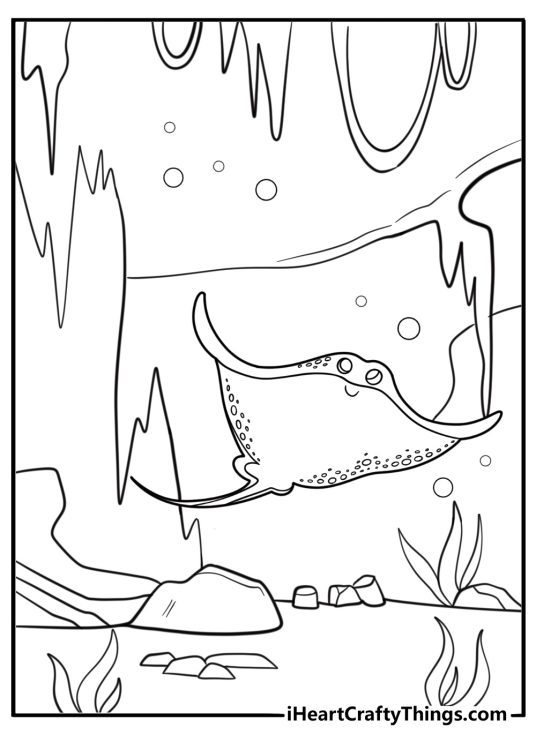 Stingray near coral cave underwater scene coloring page