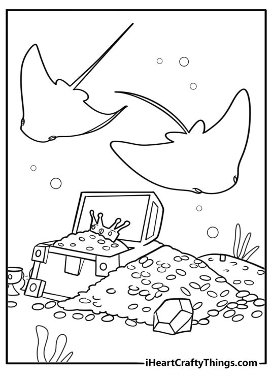 Stingray near sunken treasure chest detailed coloring sheet