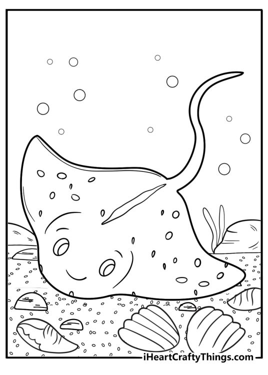 Stingray resting on sea bottom surrounded by shells printable sheet