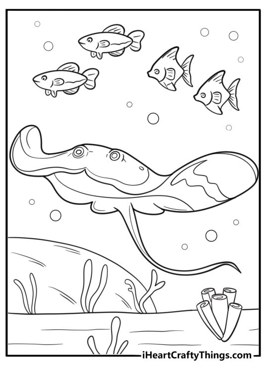 Stingray swimming beside tropical fish free printable sheet