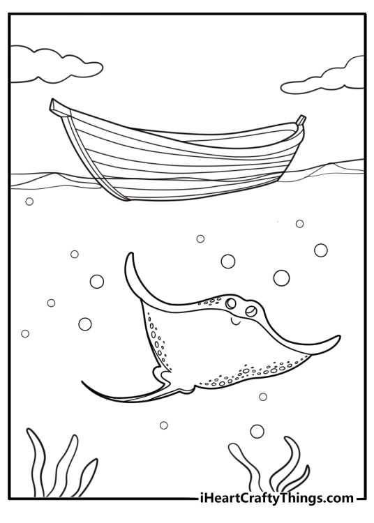 Stingray swimming under boat silhouette coloring sheet