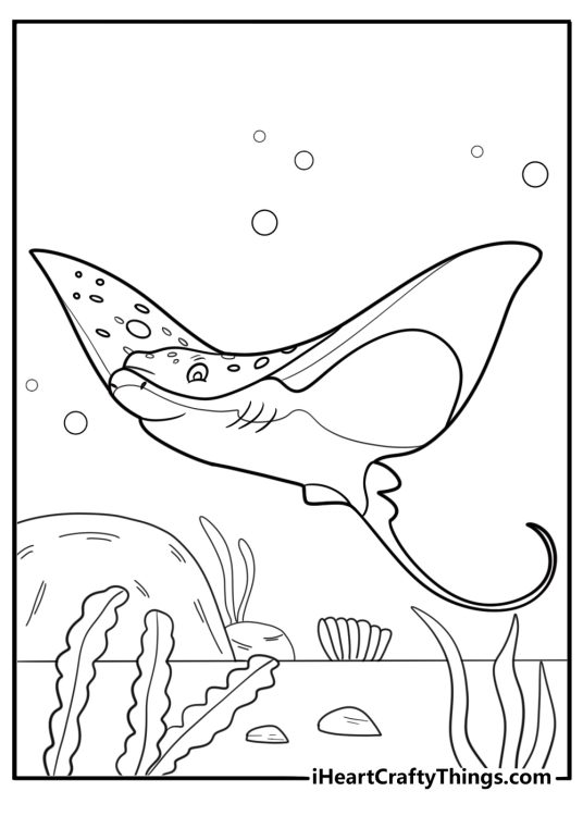 Stingray with long tail floating in shallow water printable sheet