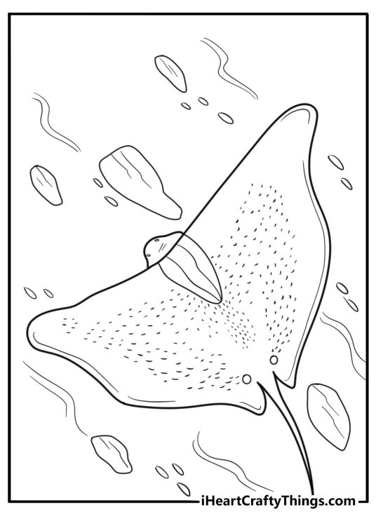 Stingray with spotted back near underwater rocks coloring page