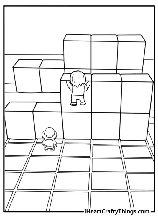 Stumble Julia climbing block stack on Block Dash coloring page