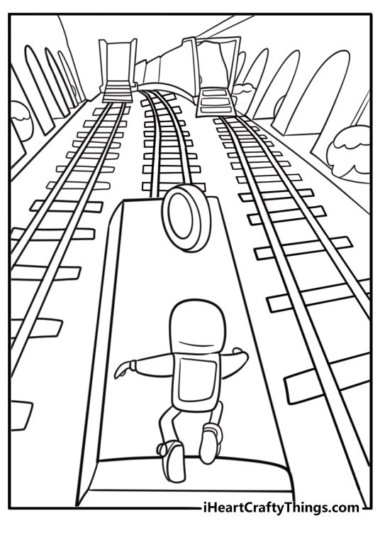 Subway surfers character dodging an oncoming train coloring sheet