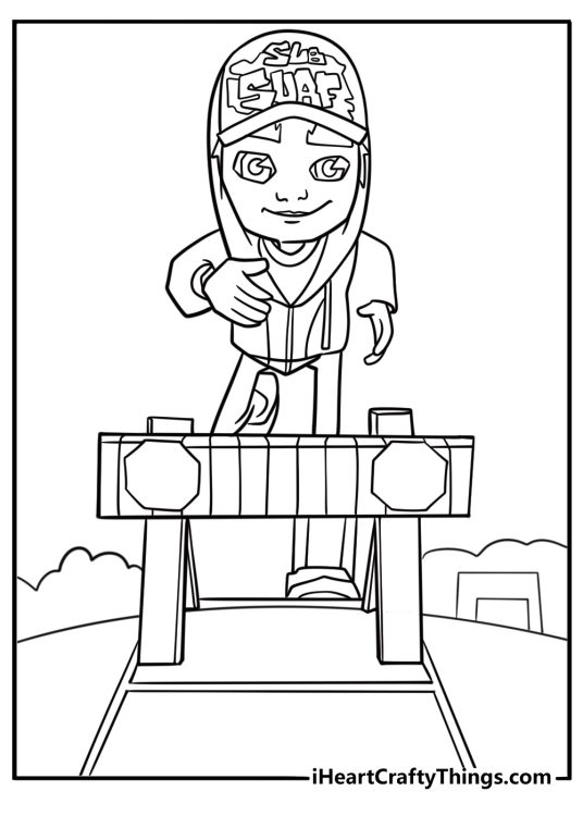 Subway surfers character dodging barriers coloring sheet